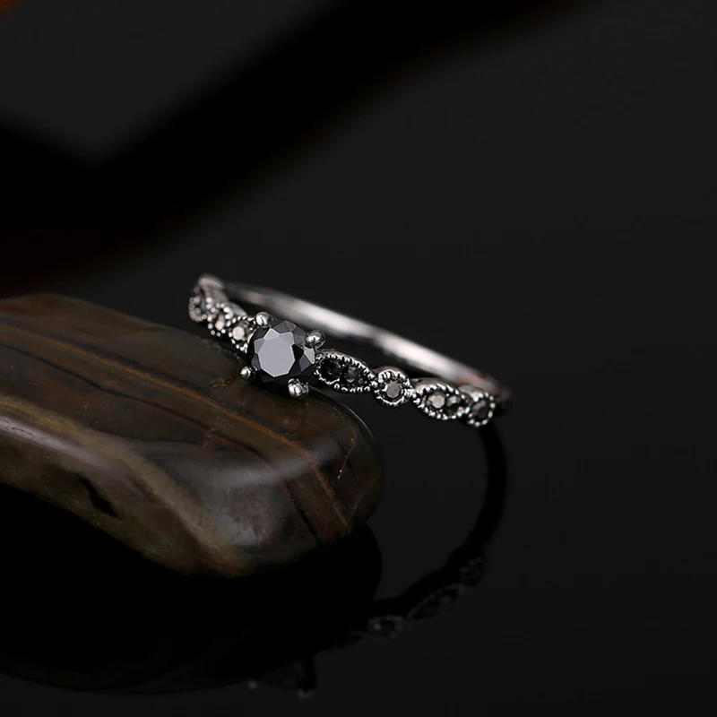 Камень циркония чорный кольца для женщин античный серебряный цвет цинковый
