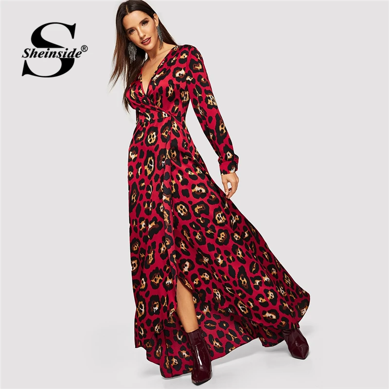 Sheinside, леопардовое платье с запахом, длинное платье для женщин, v-образный вырез, высокий низкий, сексуальные платья для вечеринок, Дамское Повседневное платье макси с длинным рукавом