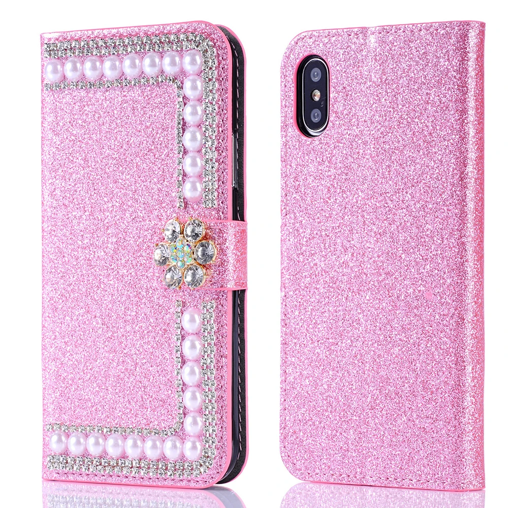 Роскошный чехол кошелек со стразами и жемчугом для iPhone 7 8 6 6S Plus X XR XS Max слот карт