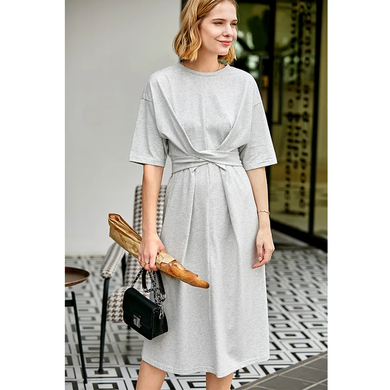Gray Long Dresses Amii Minimalist Women Dress Spring Summer Causal Solid Short Sleeve Belt Lace Up O Neck Cotton Elegant Female Dress - Цвет: Gray Long Dresses