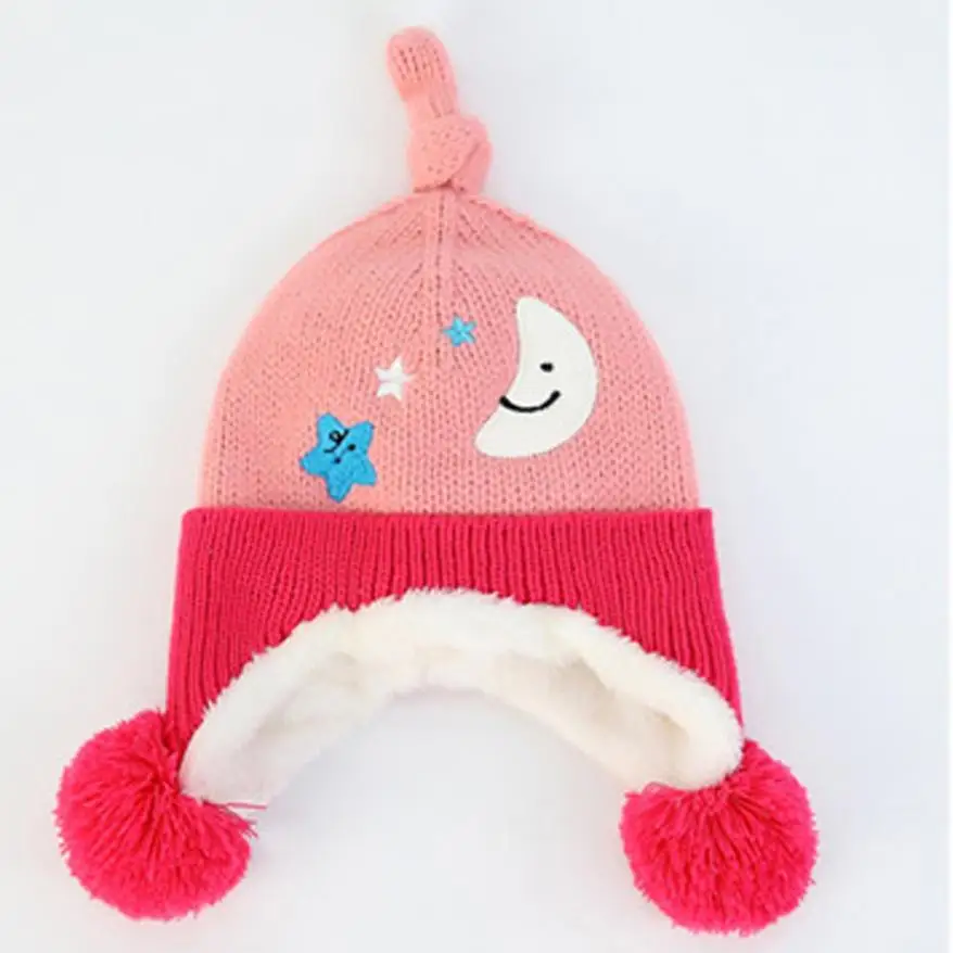 2018 Baby Accessories Stars Moon Printed Cartoon Knitted Winter Warm Cap Kids Hat Newborn Photography Props Fotografia | Детская одежда
