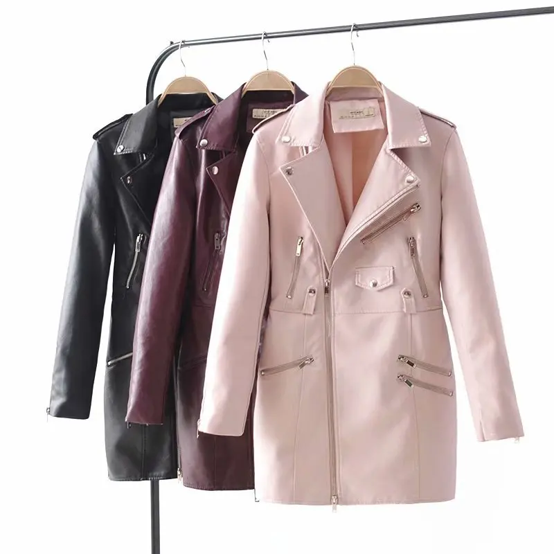 Осенняя Черная куртка из искусственной кожи женская кожаная длинная