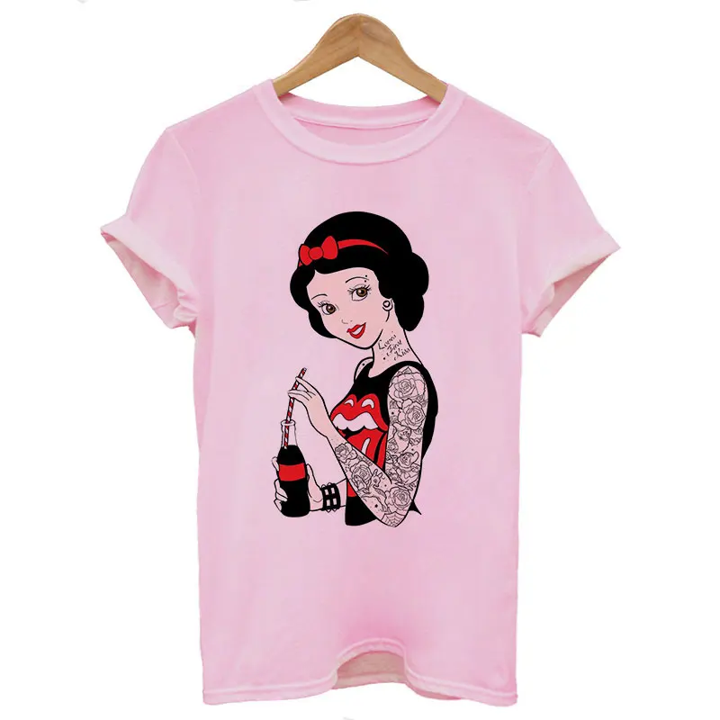 1954-Pink Новое поступление плохой подарок татуированные принты принцесс футболки женские повседневные тонкие белые футболки с коротким рукавом топы модная уличная одежда - Цвет: 1954-Pink