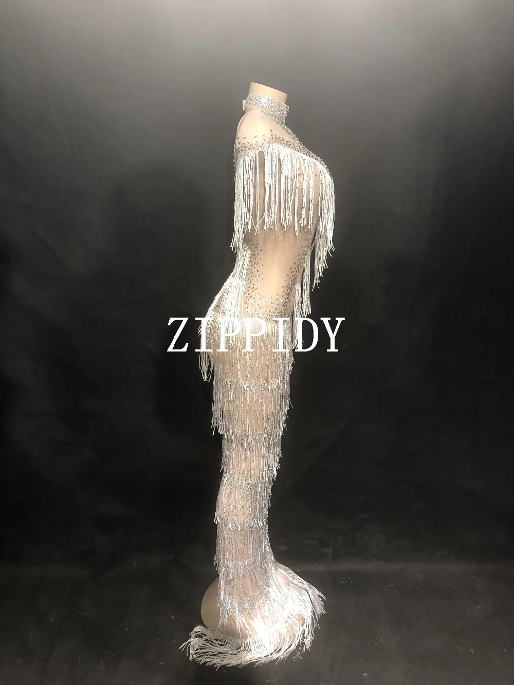 Блестящее белое Сетчатое платье со стразами и бахромой для празднования дня