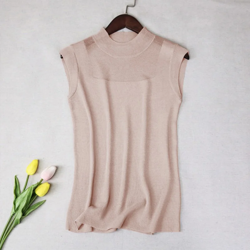 CAMEL Женская Ice Silk трикотажная тонкая Однотонная рубашка без рукавов с круглым вырезом элегантные женские блузки Летняя мода Женский Повседневный Топ один размер - Цвет: CAMEL