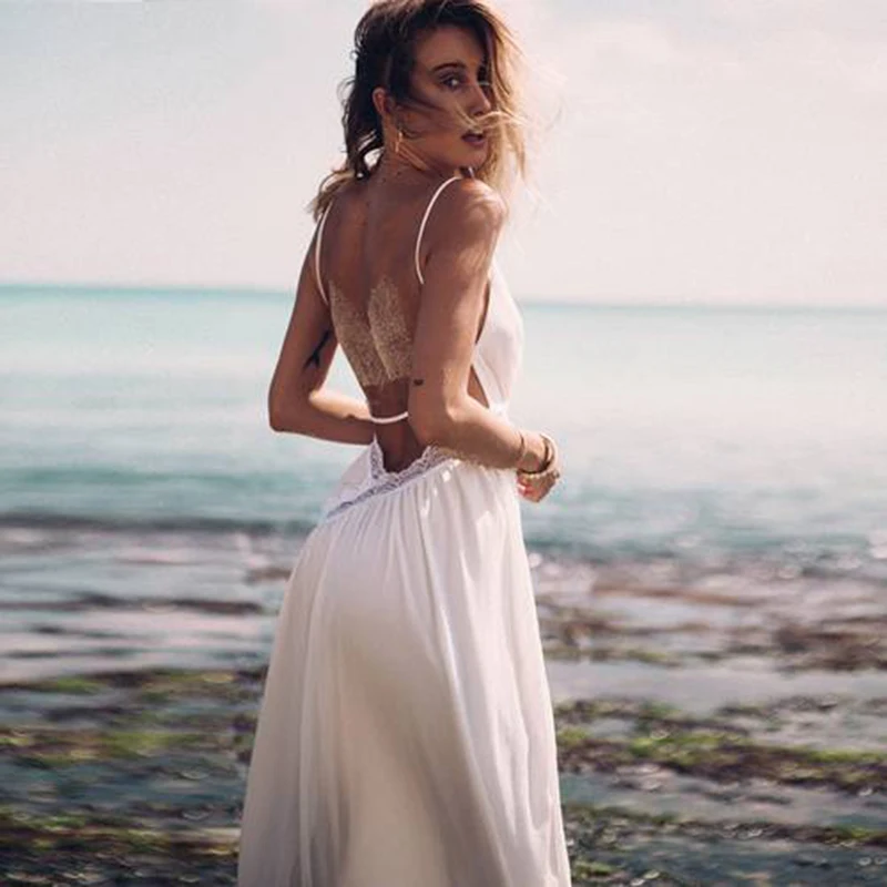 Летнее белое пляжное платье для Для женщин платья без рукавов с открытой спиной