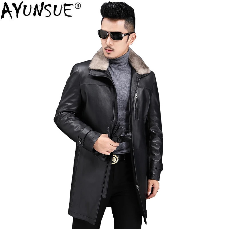 

AYUNSUE натуральная кожаная куртка для мужчин зимнее пуховое пальто норки меховой воротник пальто размера плюс 5XL Куртка Jaqueta де Couro 17727 ZL379