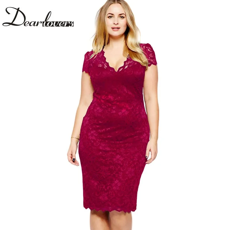 Dear lover Summer 2017 Women Plus size Dresses Black Scalloped V-neck Short Sleeve Lace Formal Midi Office Work Dress LC6415 | Женская