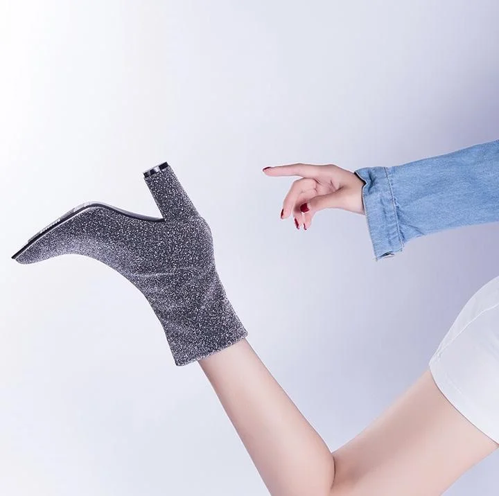 

Newest Silver Boots Square Heel Glitter Stretch Fabric Rubber Boots Women Side Zipper 2018 Ladies Thigh High Boots Plus Size 11
