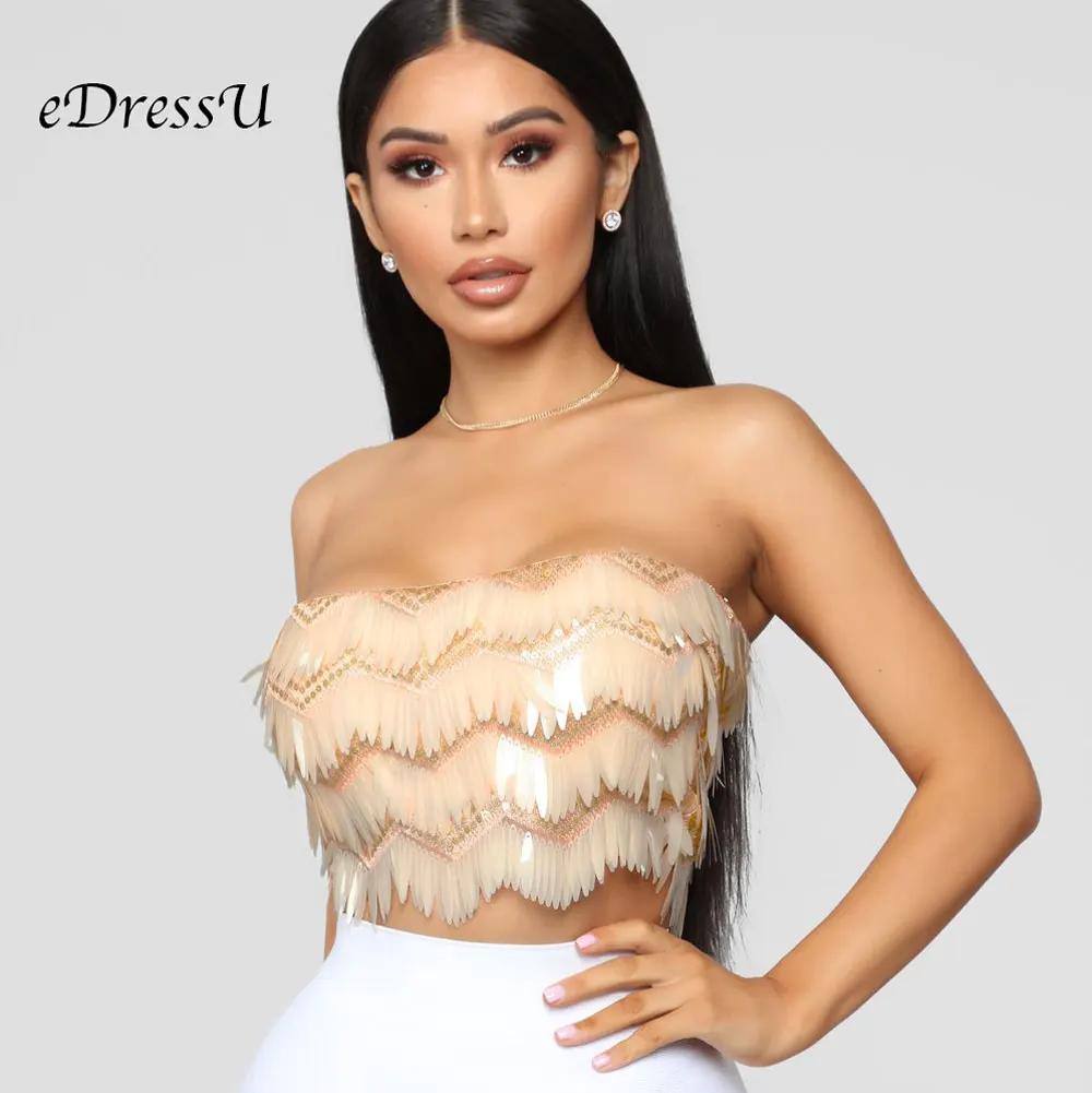 Майка женская с блестками пикантный красный кроп Топ без бретелек Клубная