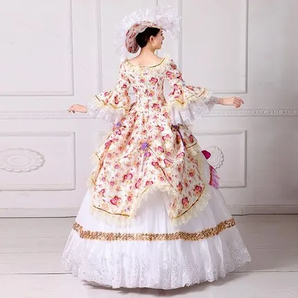 

Retro O-Neck Long Sleeve Flowers Printing Pattern Lace Ruffles Floor-Length Southern Belle European Court Long Dresses