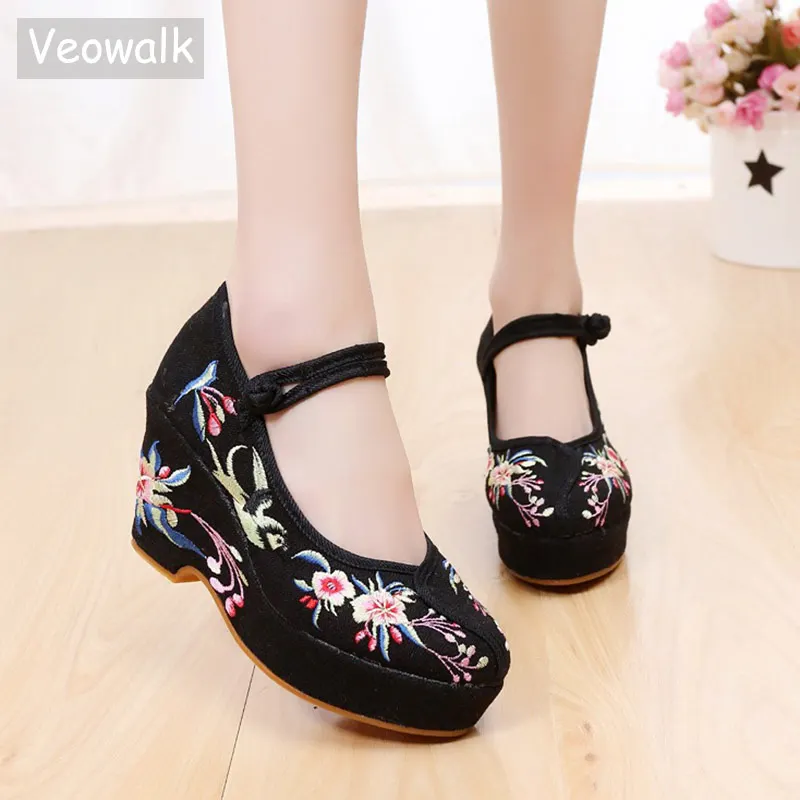 Женские туфли лодочки Veowalk из хлопчатобумажной ткани с цветочной вышивкой на