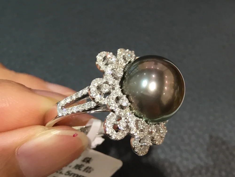 13-14 мм натуральный черный жемчуг кольцо 18K whtie золото с бриллиантом tahiti цветок