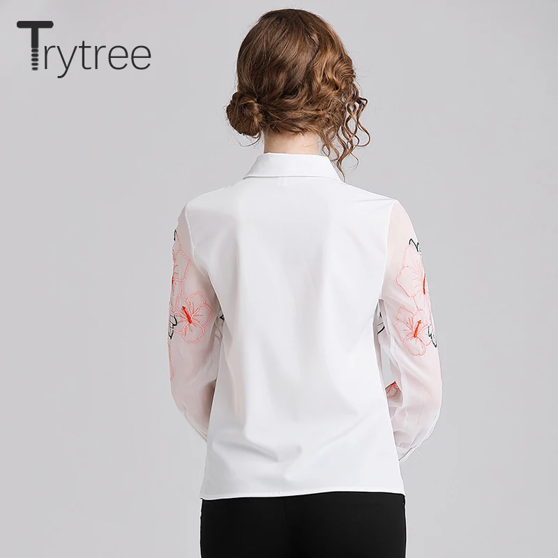 Trytree лето осень женская блузка Повседневная Вышивка рукава полиэстер рубашка