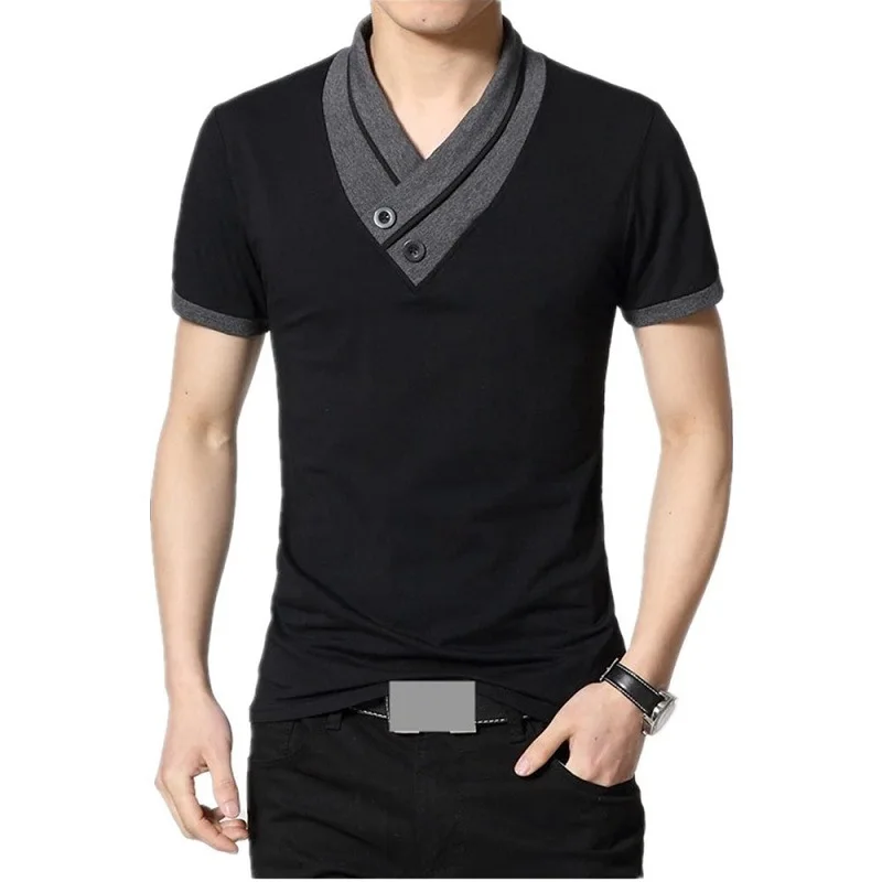 

Newly Men New Summer Spell Color V-Neck Short-sleeved T-shirt Top Decorative Buttons Plus Size Shirt M-4XL DO99