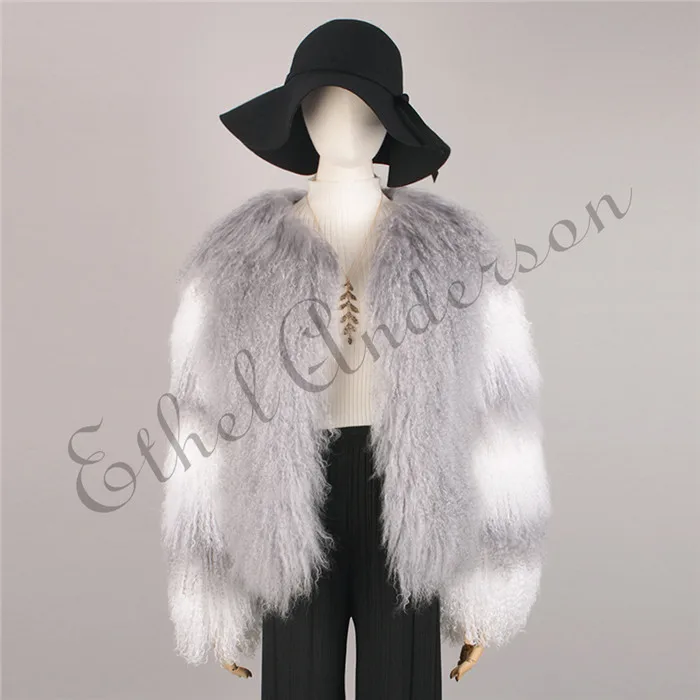 White Grey ETHEL ANDERSON, монгольское овечье меховое пальто, женская меховая куртка из овечьей шерсти, зимняя, комбинированная, два цвета, девять четвертей, женская, много цветов - Цвет: White Grey