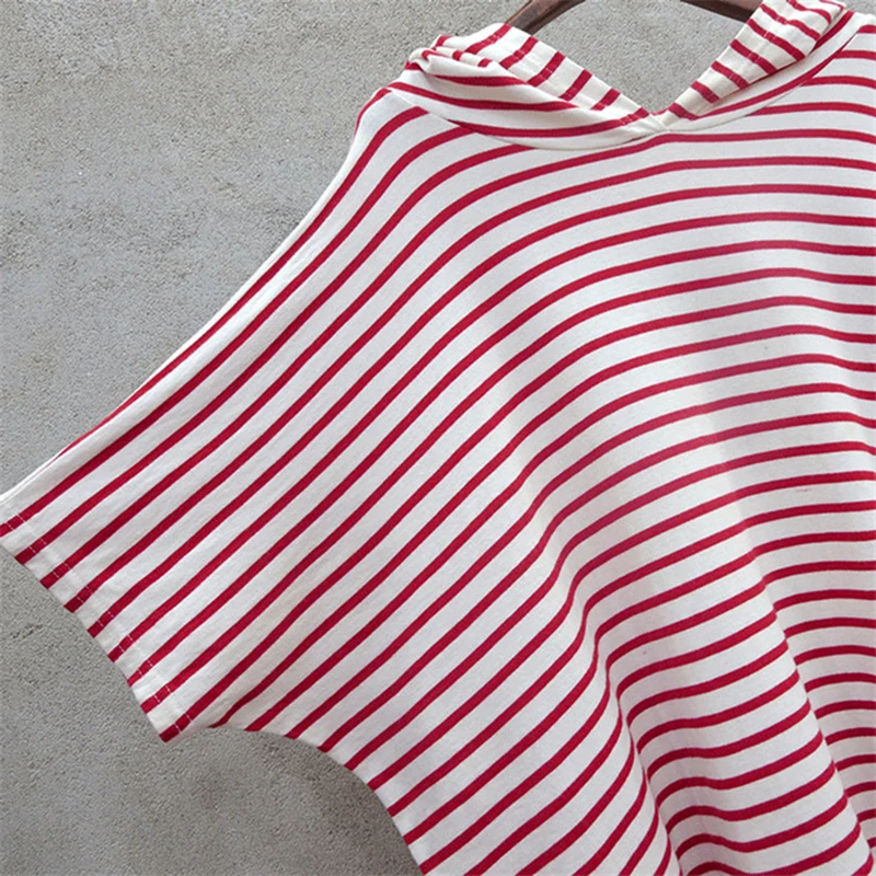 

2017 New Summer Women Striped T Shirt With Hat Casual Loose Tees Students Long Tops Clothing Girl All Match T shirts AB102
