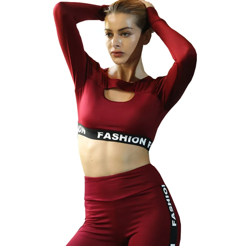 Fitness Women Yoga Set 2 peice Sportswear Suit Front Hole Gym Wear Running Clothing Crop Top Leggings Tracksuit Workout ZF050 | Спорт и