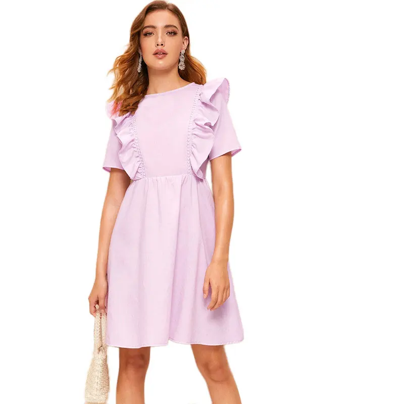 SHEIN однотонное платье миди на молнии сзади с рюшами и проймой женское летнее платье с круглым вырезом и коротким рукавом милое расклешенное ТРАПЕЦИЕВИДНОЕ ПЛАТЬЕ С Высокой Талией