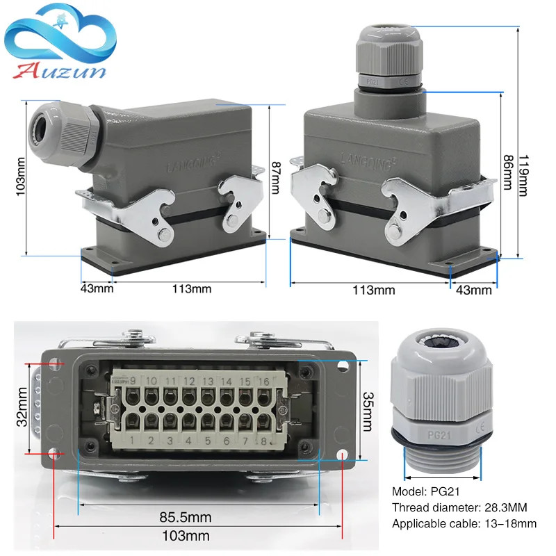Прямоугольный H16B-HE-016-1 тяжелый 16-контактный разъем линии 16 a500v винтовая стопа