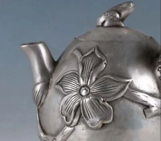 Chinese Copper Silver Hand Carved Bird Flower frog Teapot wine pot Antiques | Дом и сад