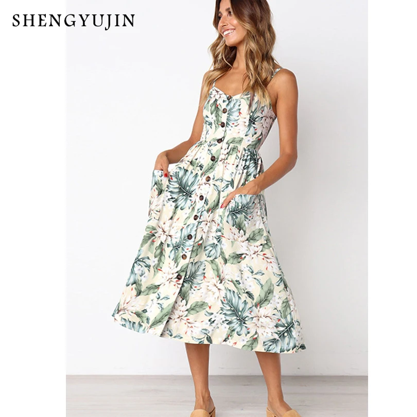 SHENGYUJIN 2019 Vintage Sexy Bohemian Floral Tunic Beach Dress Summer Women Sundress Pocket Red White Striped Female | Женская одежда