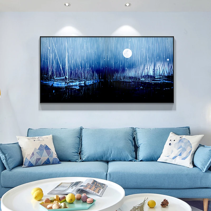 Постер в скандинавском стиле с изображением морской лодки синий Современный