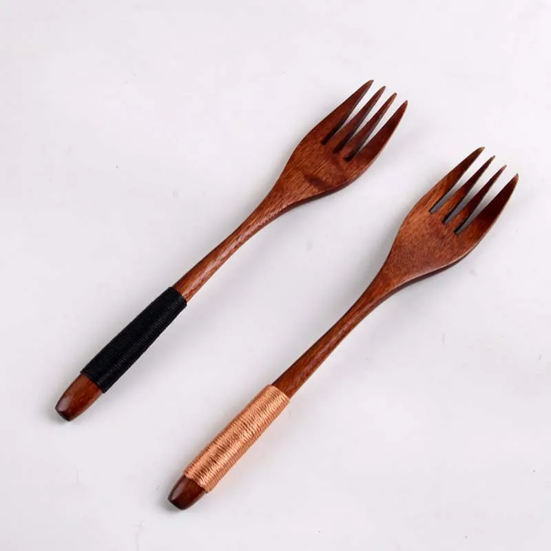 BalleenShiny 1pc Japanese Style Wooden Fruit Fork Handmade Cable Tie Handle Dessert Dining Forks Four Tooth Cutlery Tableware