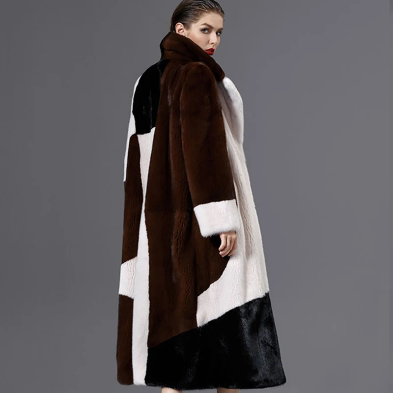 LVCHI Winter 2019 Import Mink Fur Coat Women's Long Sleeve Coat Patchwork Color Real Natural Fur X-Long Tassel Causal Mink Coats