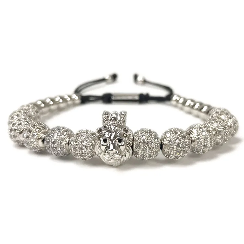 2018 New Fashion Lion Crown &amp 8MM CZ Ball Beads Braiding Charm Bracelets For Men Women Jewelry Pulseira Masculina | Украшения и