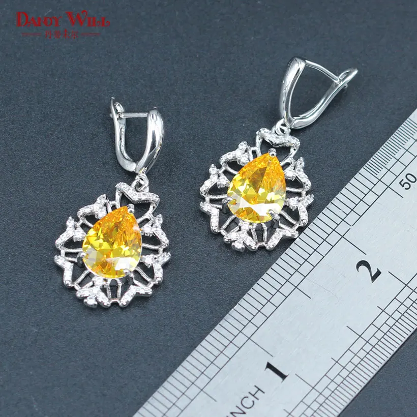 Silver 925 Wedding Jewelry Sets For Women Necklace Earrings Rings Pendants Yellow Cubic Zirconia jewelry Gift | Украшения и