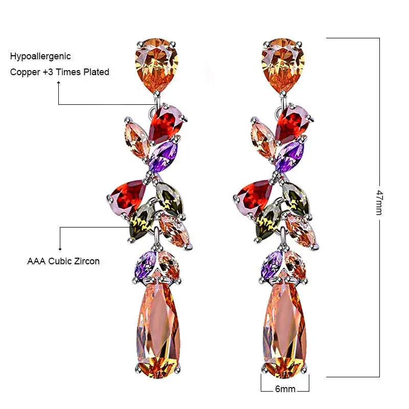 FYM Роскошные Красочный Кристалл Длинные Серьги Падения Многоцветный Листья
