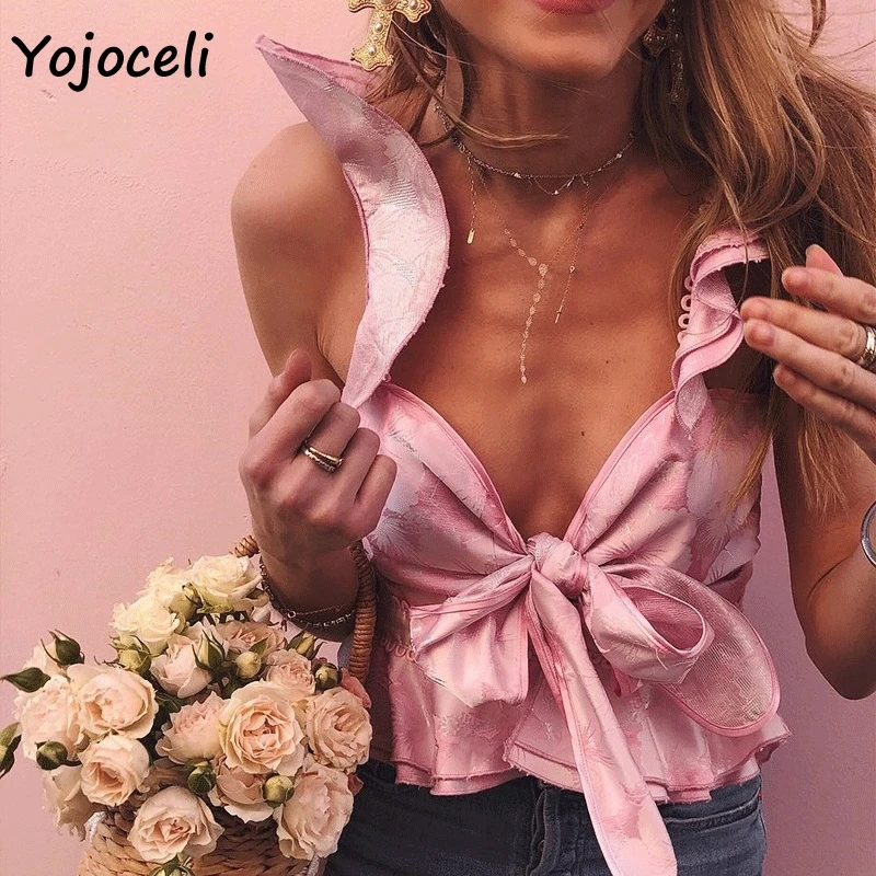 Yojoceli 2019 Мода рюшами женские блузки рубашки из кружев кроше с укороченные топы
