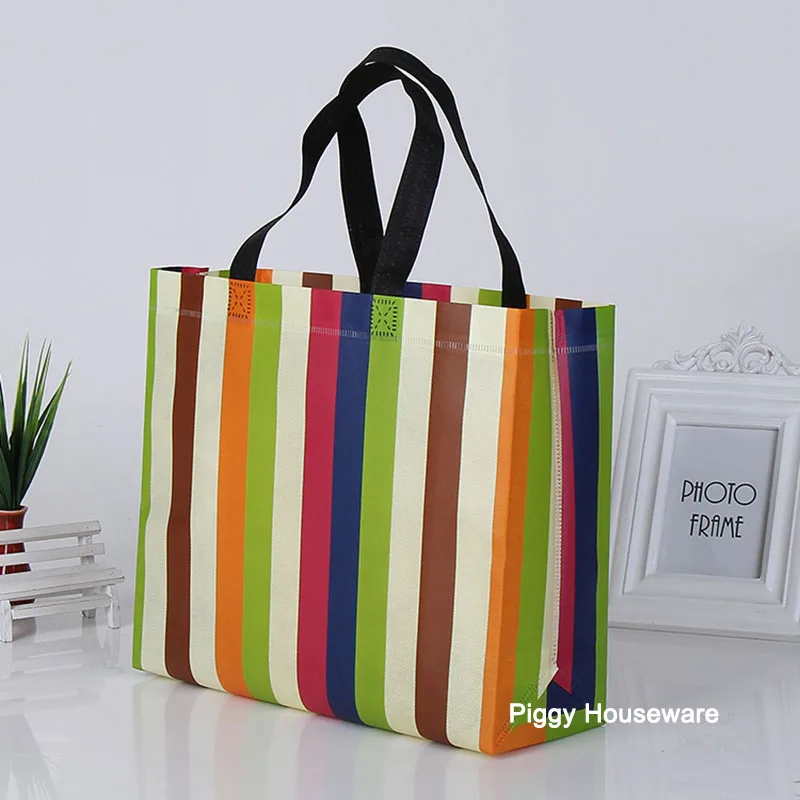 6 шт. на заказ водонепроницаемый нетканые сумки с ручками сетки ПОЛОСЫ ЦВЕТЫ напечатанные хозяйственная сумка HK110