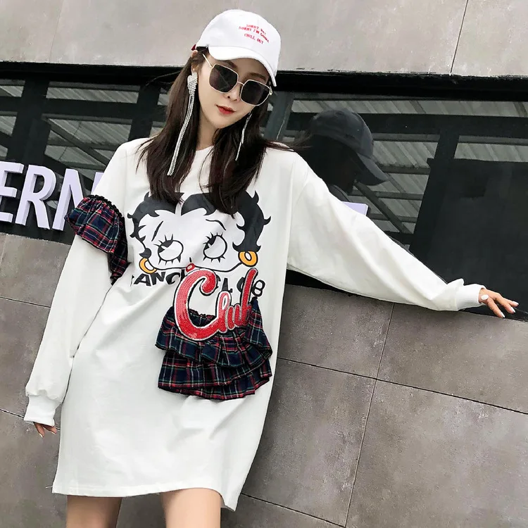 Women's sweater Thai street fashion 2019 spring new cartoon beauty letters sequins spell retro plaid loose T-shirt skirt women | Женская