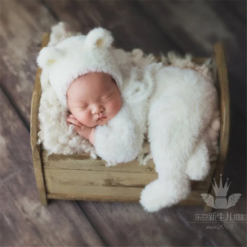 Conjunto de oso de peluche de Angora para recién nacido, Pelele de punto mullido con pies, accesorios de fotografía, conjunto de sombrero, accesorios para fotos