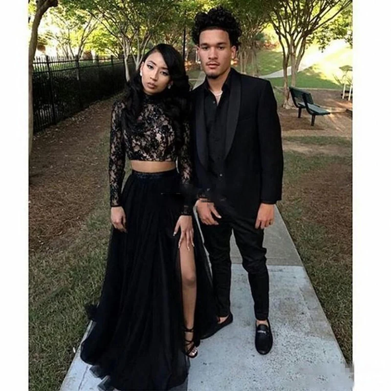 Черные платья для выпускного 2021 из двух частей Кружевной укороченный топ с