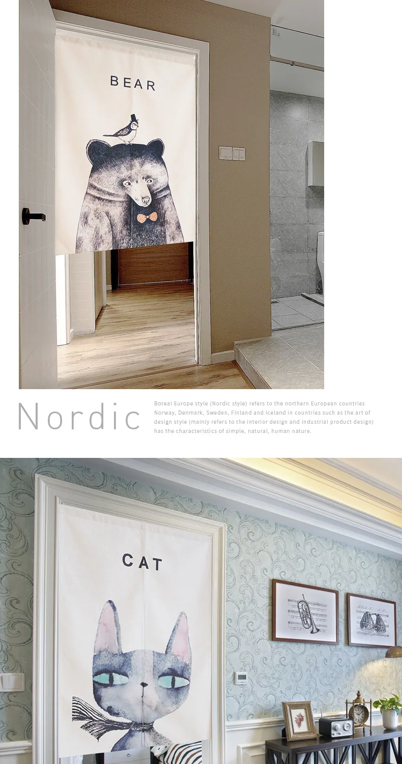 Льняная занавеска для двери с изображением животных из мультфильмов Норен, для кухни, спальни, Льва, лисы, панды, занавески для дома, Входное украшение, настраиваемая занавеска