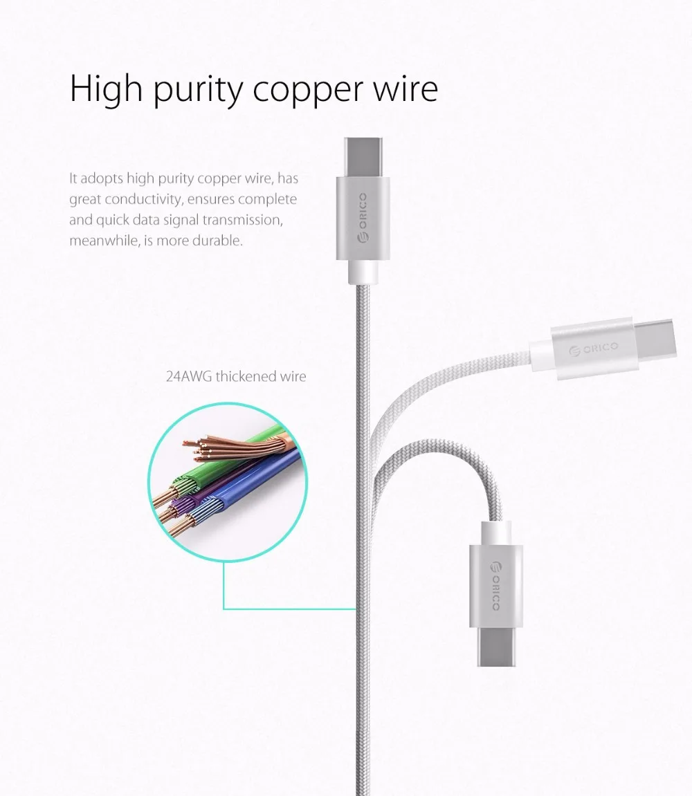 ORICO type-C USB кабель 3 А Быстрая зарядка 1 м кабель для мобильного телефона для samsung GALAXY S8 huawei Mate9 P10 Xiaomi MacBook type C кабель