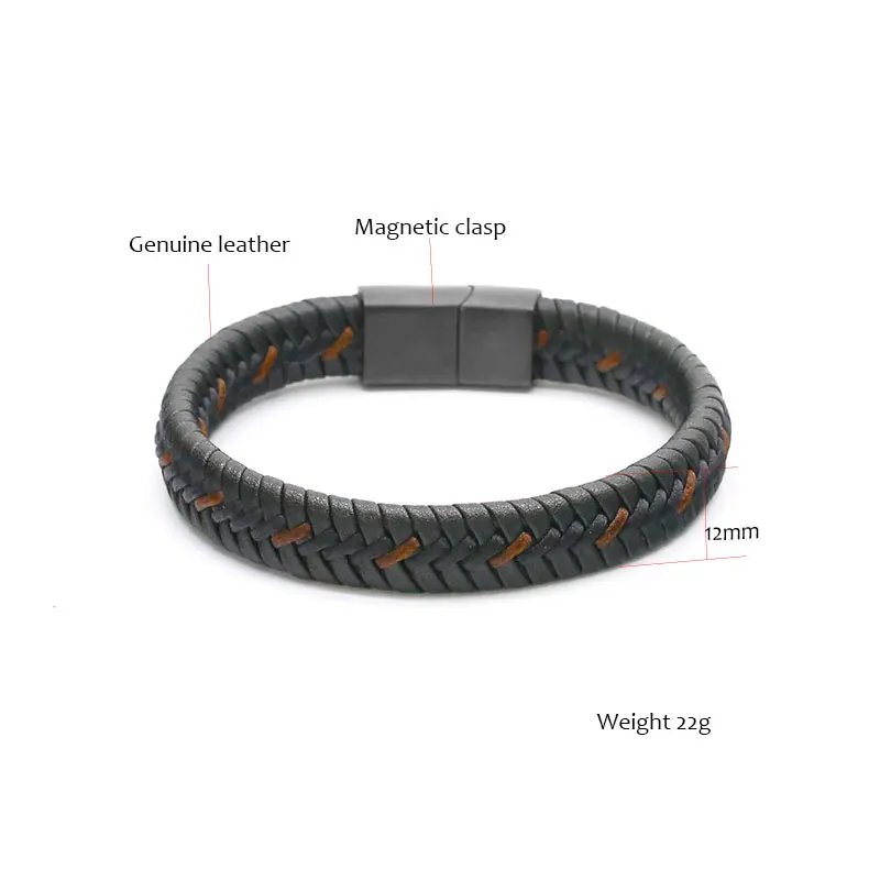 Мода плетеный кожаный браслет для мужские черные Нержавеющая сталь Магнитная
