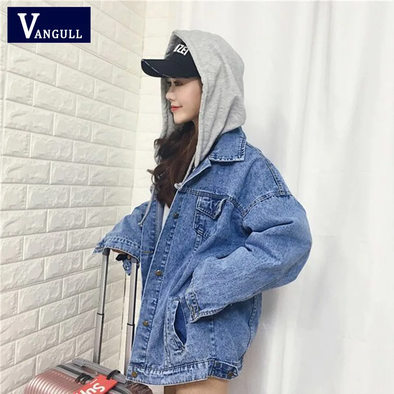 Vangull 2019 Autumn Women Hooded Drawstring Jean Jacket Boyfriend Pocket Coat Long Sleeve Single Breasted Denim Outerwear | Женская