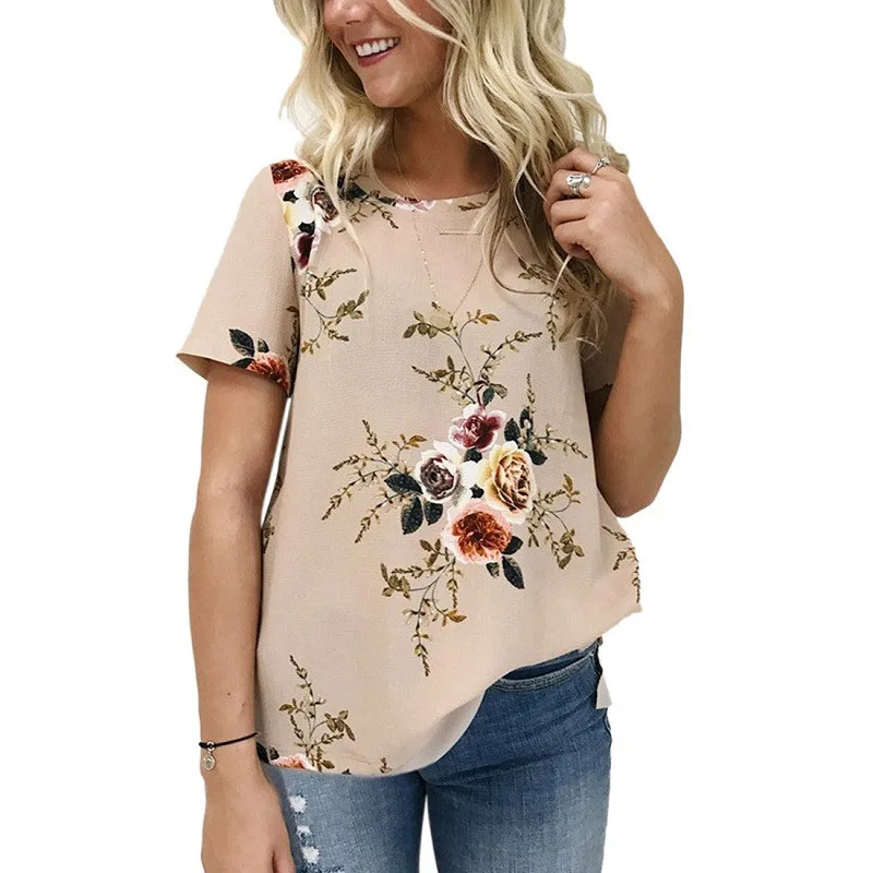 Женские летние блузки с принтом 2017 повседневные коротким рукавом шифоновые