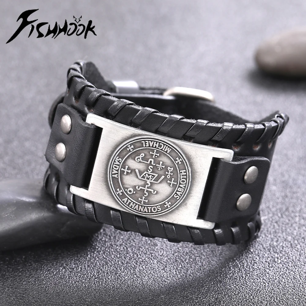 Широкий кожаный браслет Fishhook черного цвета славянский Коловрат антикварный