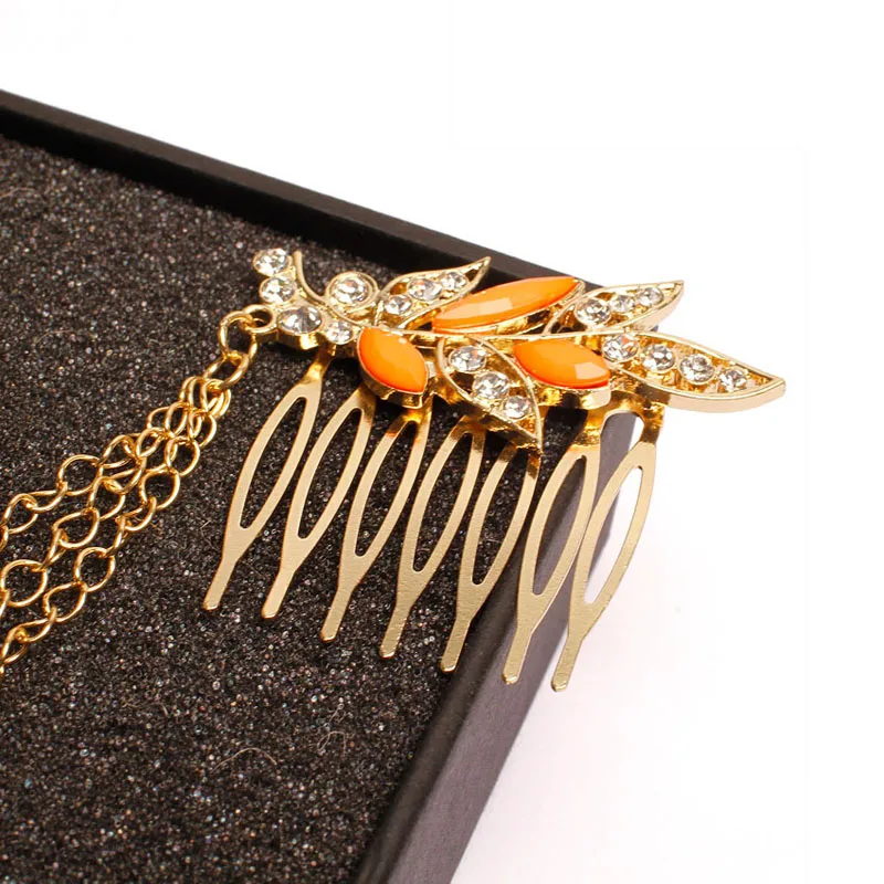 Фешн Резиновый Лист Золотые Цепочки Кисточки Двойные Гребни Диадема Невесты Аксессуар Для Волос Для Женщин Головной Убор.