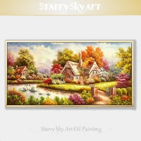 top artist hand painted colorful europe landscape oil painting on canvas beautiful house near to lake and swans oil painting