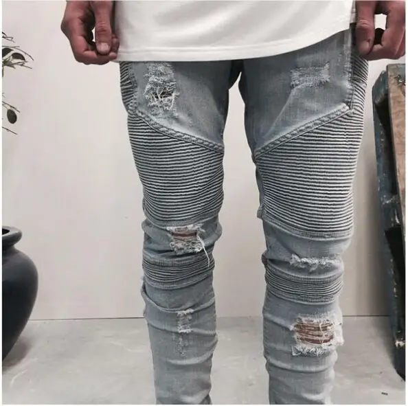 

Men trend fashion high-grade Street broken three-dimensional cut slim elastic moto biker hole jeans denim pants dropshipping