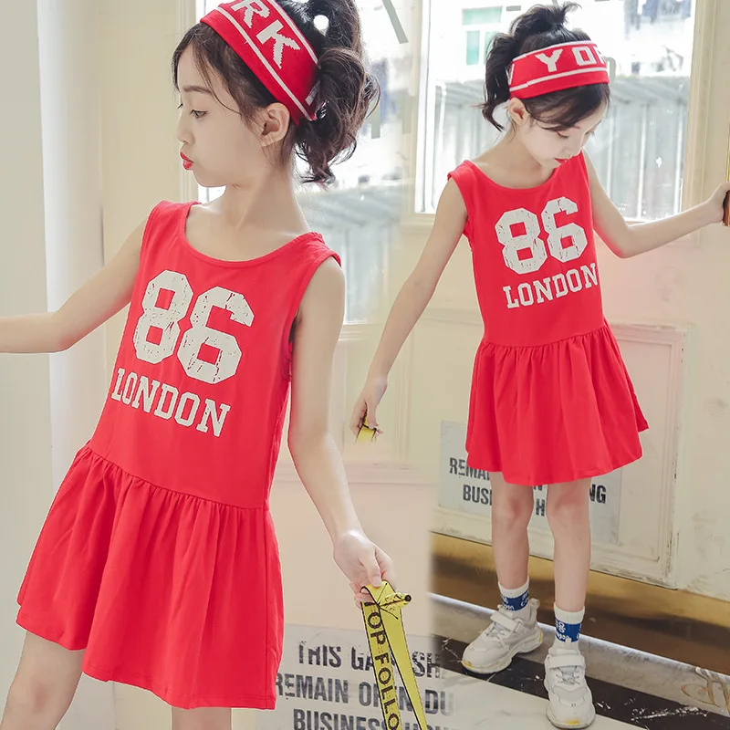 Kids Girls Cotton Summer Dresses 2019 New Big Teenage Sleeveless Dress Preppy for Red Vestidos 8 9 10 12 Years | Детская одежда и