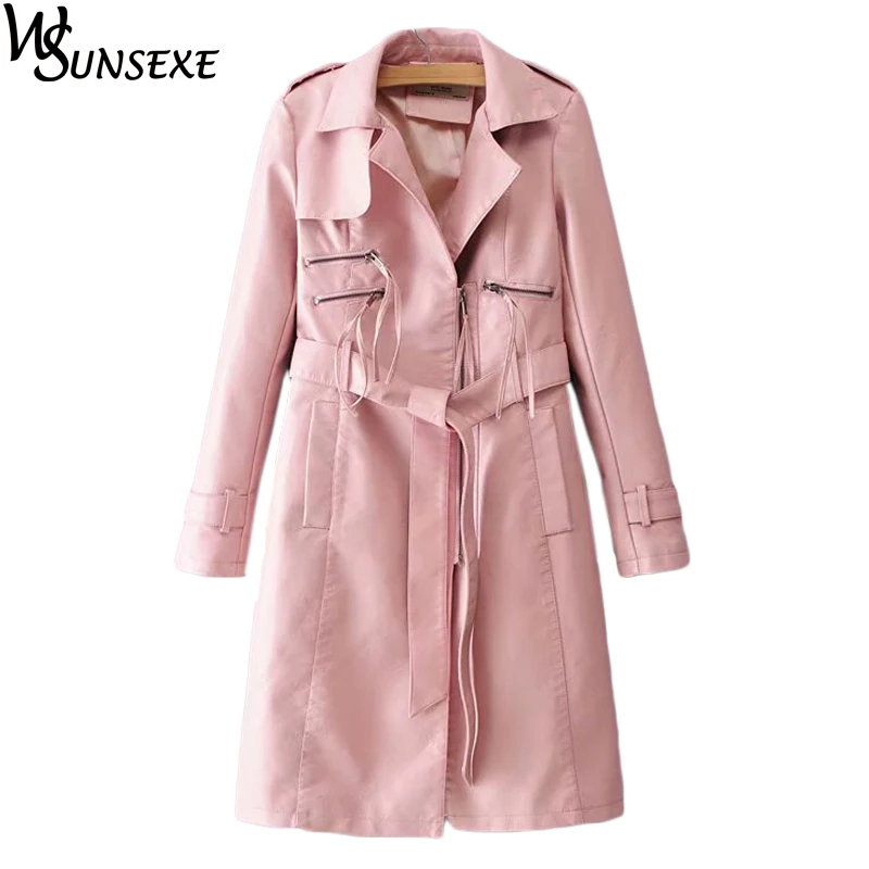 Zipper Turn-collar Pu Leather Jackets Coat Women Autumn Long Sleeve Mid-length Motorcycle Parkas with Sash Casual Jacket Outwear | Женская