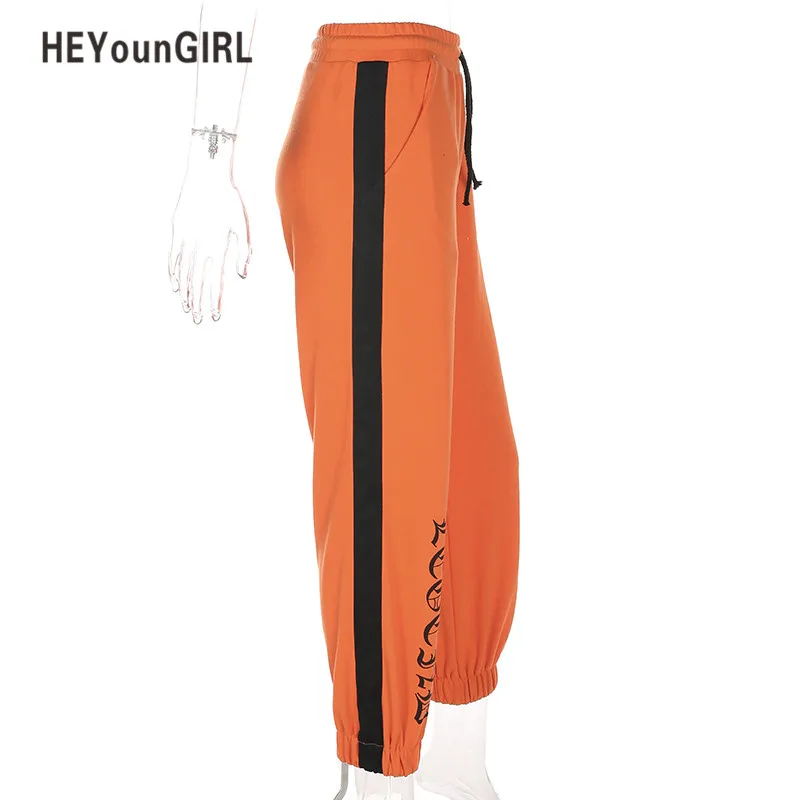 HEYounGIRL/осенне-зимние штаны-шаровары; повседневные спортивные штаны; новые модные брюки с высокой талией; полосатые брюки в стиле хип-хоп с завязками