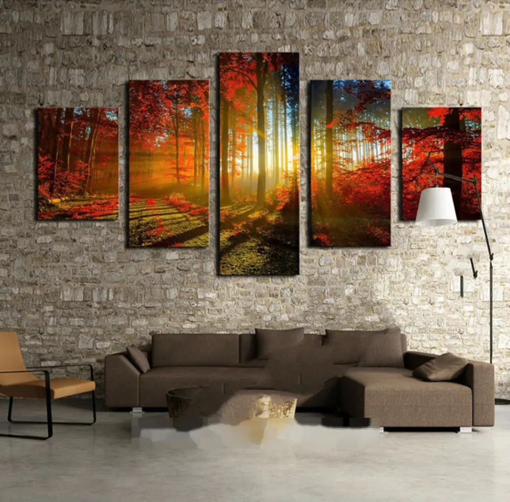 Оригинальные чернила масла 5 панелей парусина принт красный лес живопись для